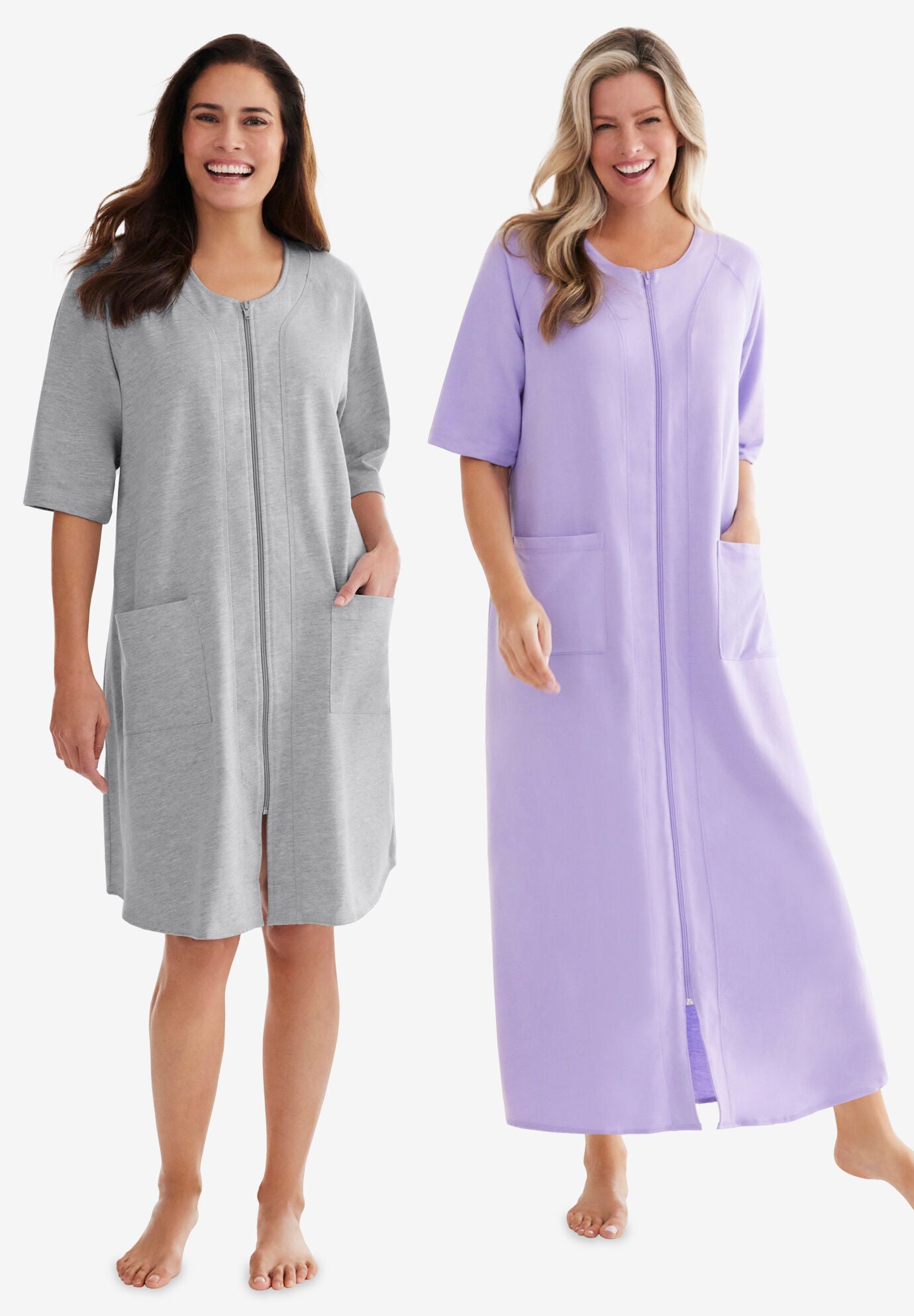 Fashionable Short French Terry Zip-Front Robe, Heather Grey | Roaman's