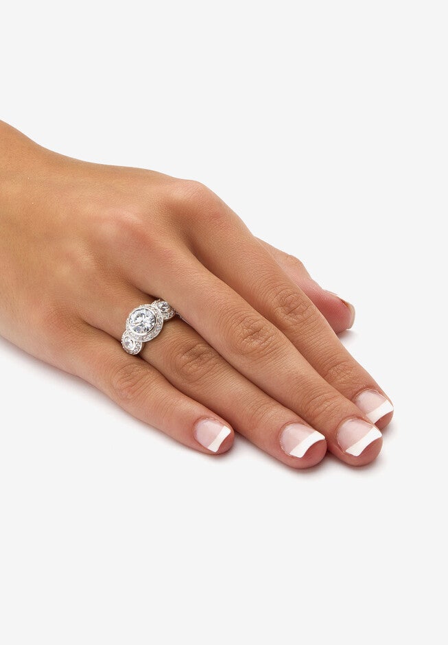 Sterling Silver Cubic Zirconia Vintage Style 3-Stone Bridal Ring, , alternate image number 2