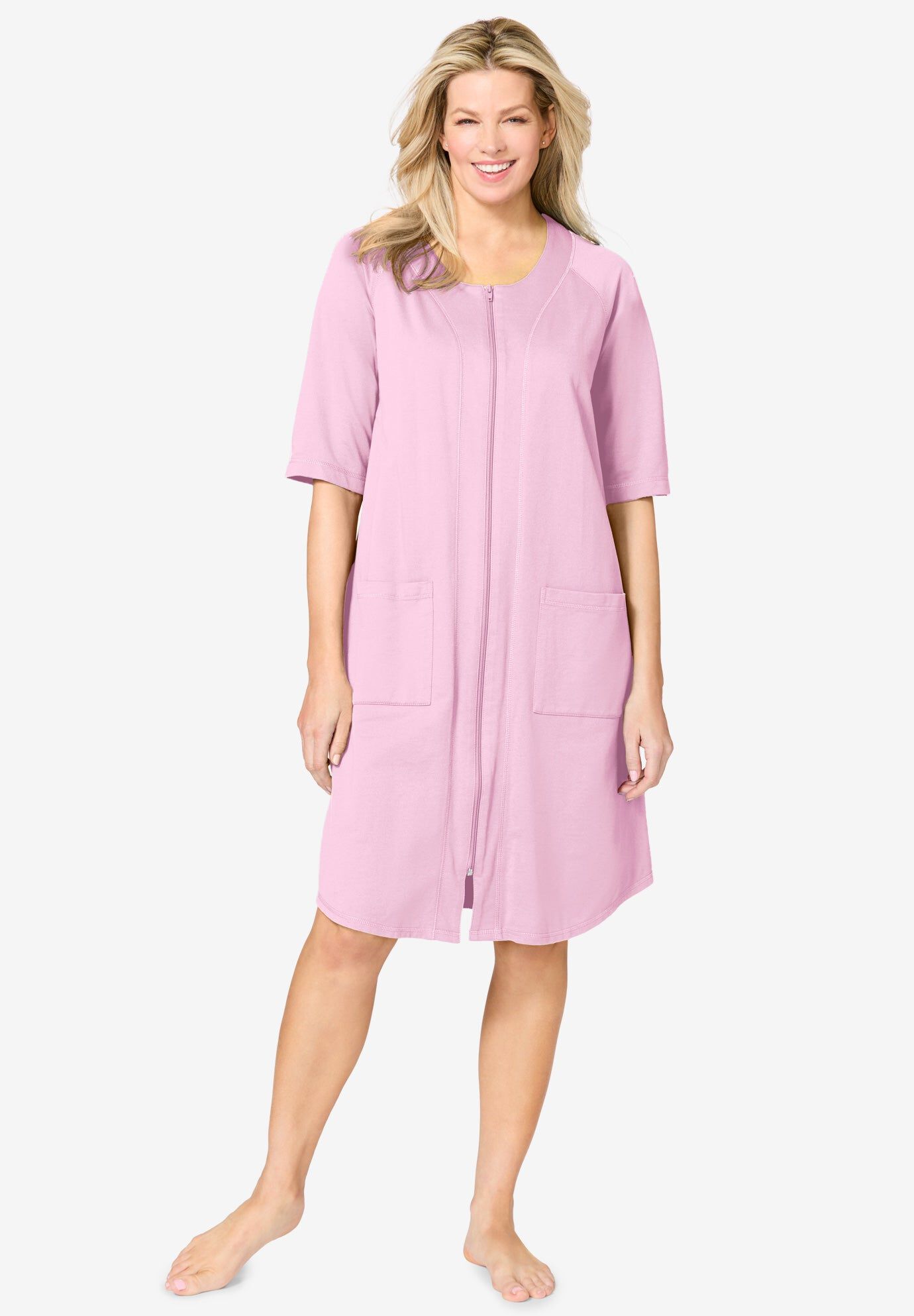 Fashionable Short French Terry Zip-Front Robe, Pink | Roaman's
