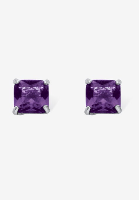Sterling Silver Stud Princess Cut Simulated Birthstone Stud Earrings, FEBRUARY, hi-res image number null