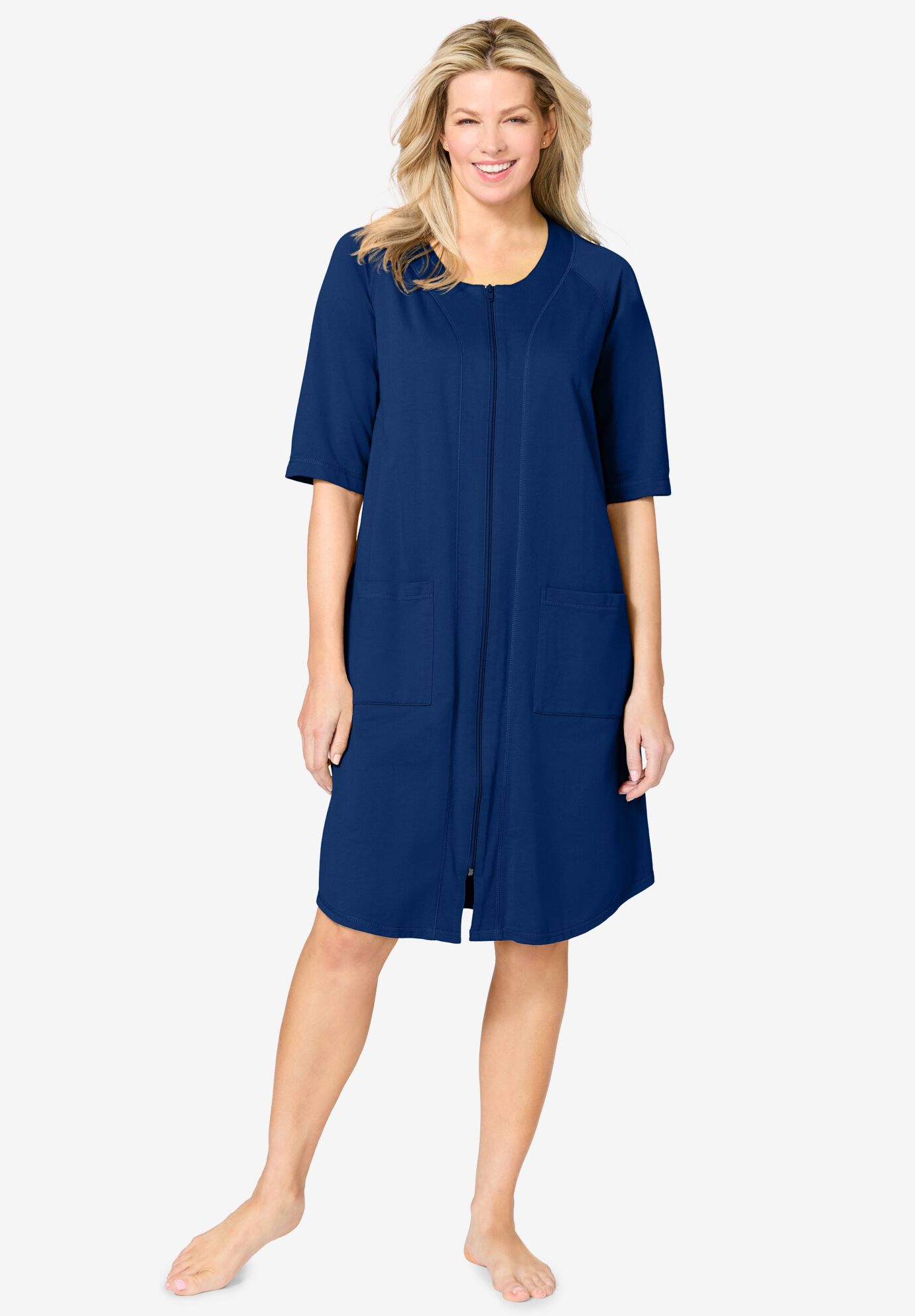 Fashionable Short French Terry Zip-Front Robe, Evening Blue | Roaman's