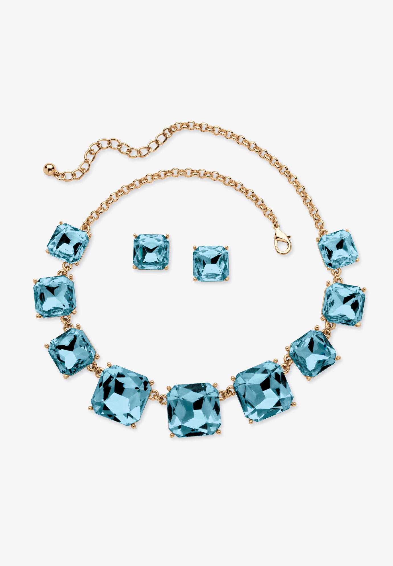 Gold Tone Necklace and Earring Set, Princess Cut Simulated Birthstones, DECEMBER, hi-res image number 0