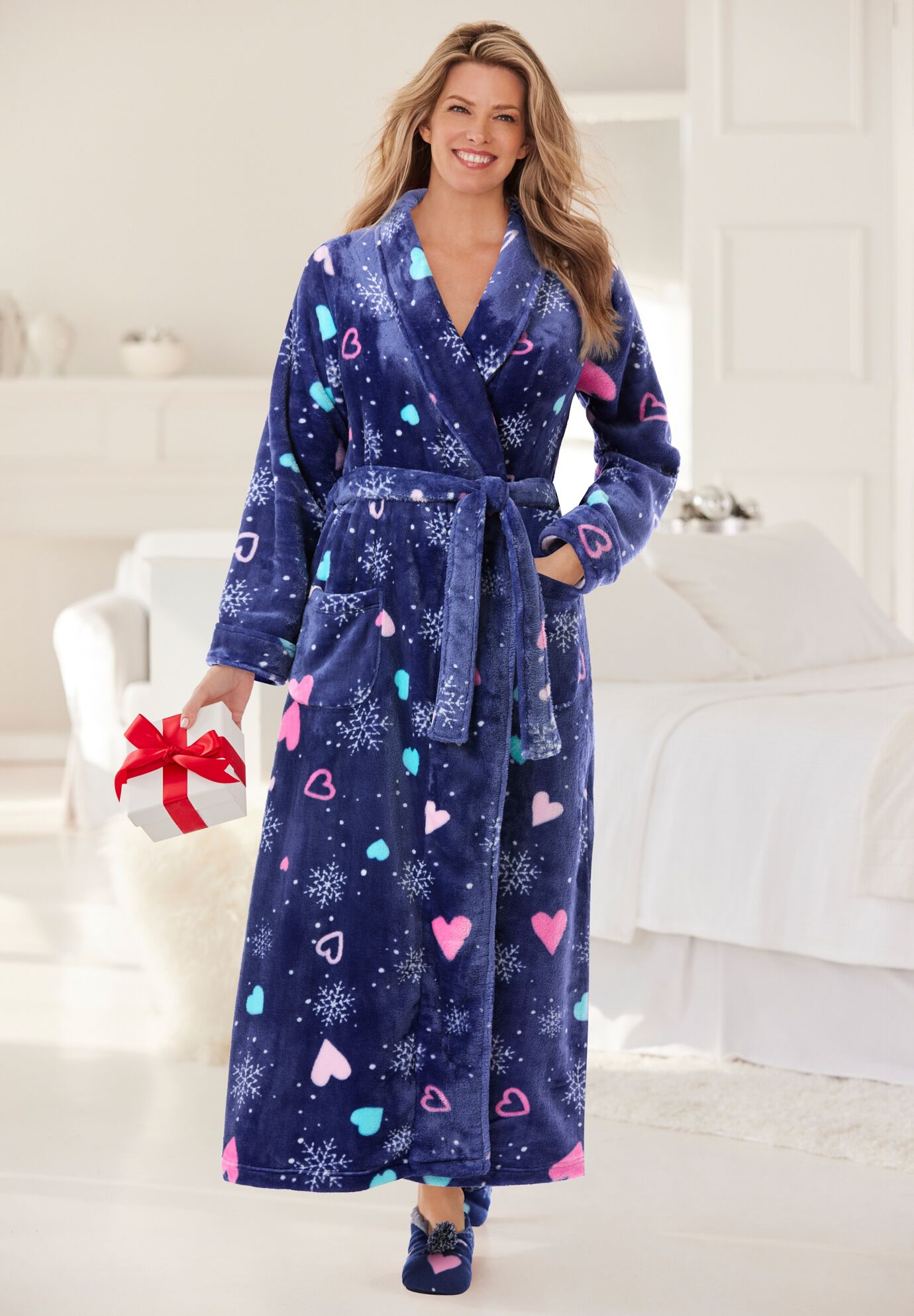 Matching Plush Wrap Robe & Slipper, Evening Blue Snowflakes | Roaman's