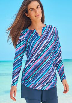 Split-Neck Long Sleeve Swim Tee with Built-In Bra