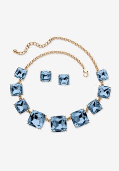 Gold Tone Necklace and Earring Set, Princess Cut Simulated Birthstones