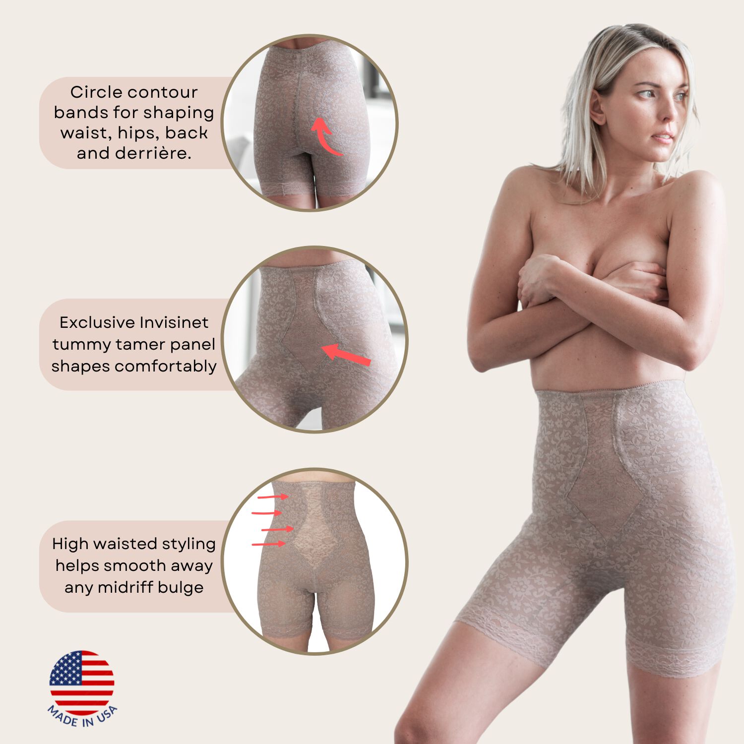 No Roll High Waist Lace Thigh Slimmer with Extra Firm Support, MOCHA, alternate image number 4