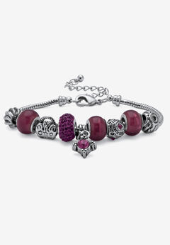 Bali Style Red Crystal Charm 8" Bracelet in Silvertone