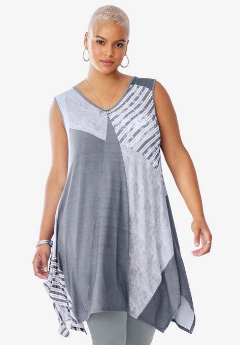 Sleeveless Hanky Hem Tunic, GUNMETAL TEXTURE STRIPE, hi-res image number null