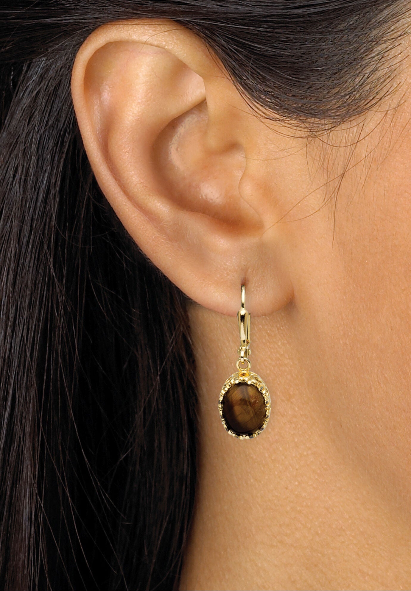 Yellow Gold-Plated Drop Earrings (12X10Mm) Genuine Tiger'S Eye, , alternate image number 2