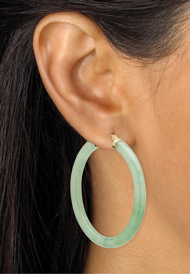 10K Yellow Gold Hoop Earrings (45Mm) Round Genuine Green Jade, , alternate image number 2