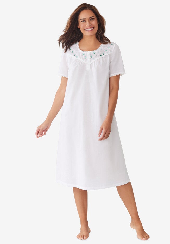 Short-Sleeve Embroidered Woven Gown, WHITE FLORAL EMBROIDERY, hi-res image number null