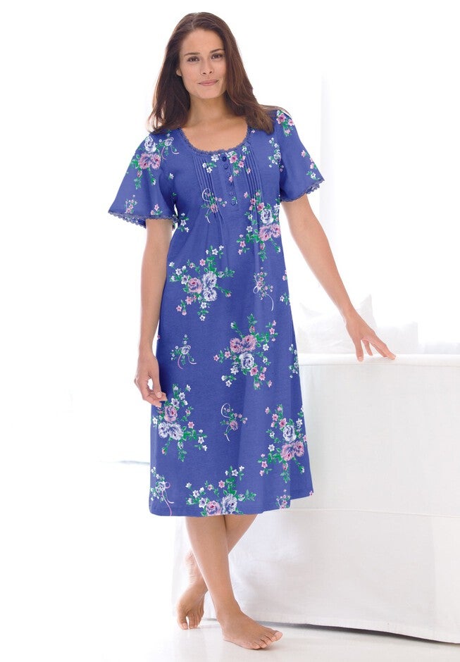 Short Pintuck Knit Gown, PERIWINKLE FLORAL, hi-res image number 0