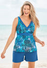 Soft Wire V-Neck Tankini Top, BLUE LEAFY PALMS, hi-res image number null