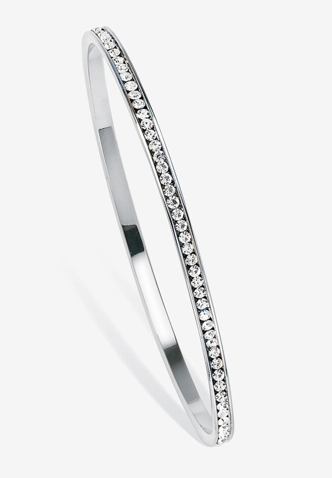 Silver Tone Eternity Bangle Bracelet Simulated Birthstones 7.5 inches, APRIL, hi-res image number 0