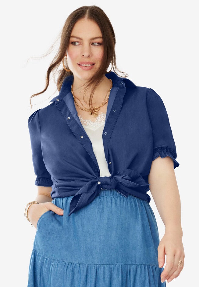 Button Front Denim Shirt, MEDIUM STONEWASH, hi-res image number null