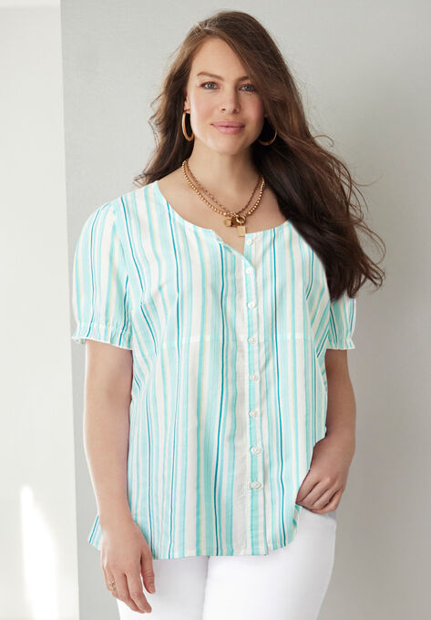 Button-Front Tunic, AZURE MULTI STRIPE, hi-res image number null