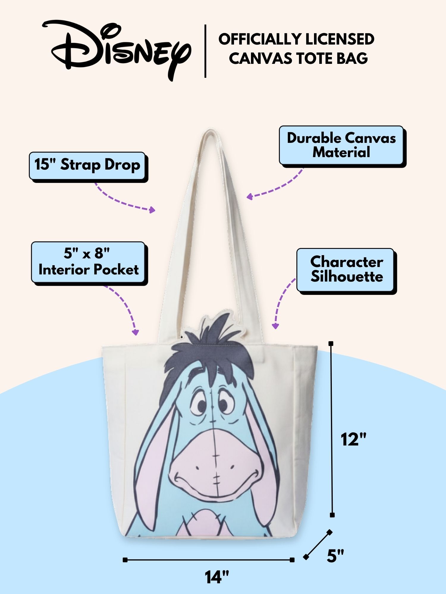 Disney Eeyore Die-Cut Canvas Tote Bag with Shaped Top, BEIGE, alternate image number 6