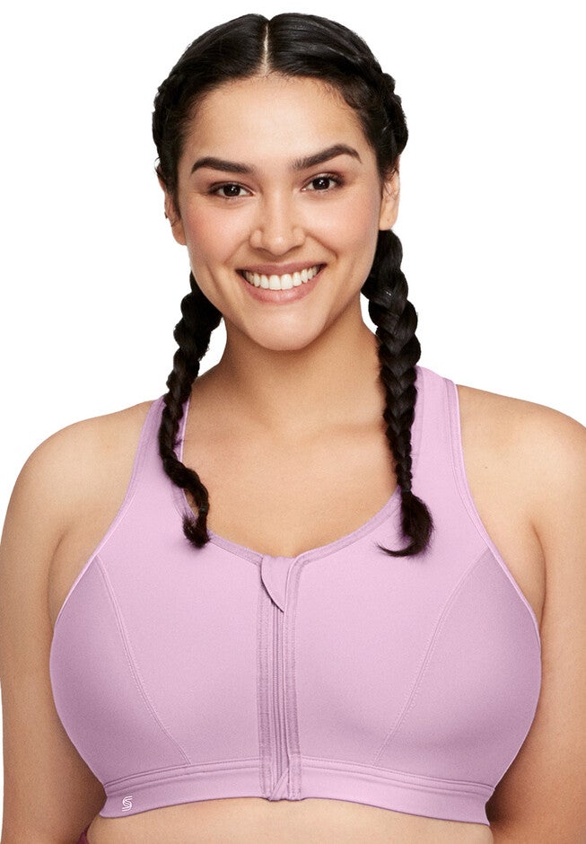 Full Figure Plus Size Zip Up Front-Closure Sports Bra Wirefree #9266 Bra, LAVENDER, hi-res image number 0