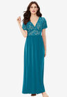 Long Lace Top Stretch Knit Gown, DEEP TEAL, hi-res image number null