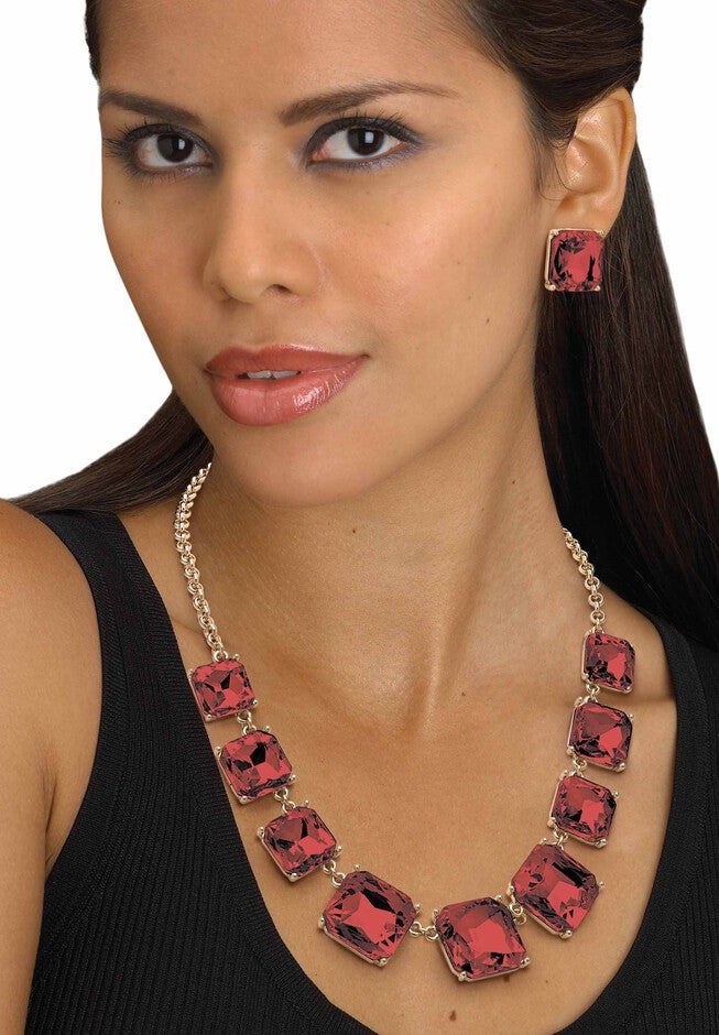 Gold Tone Necklace and Earring Set, Princess Cut Simulated Birthstones, , alternate image number 2