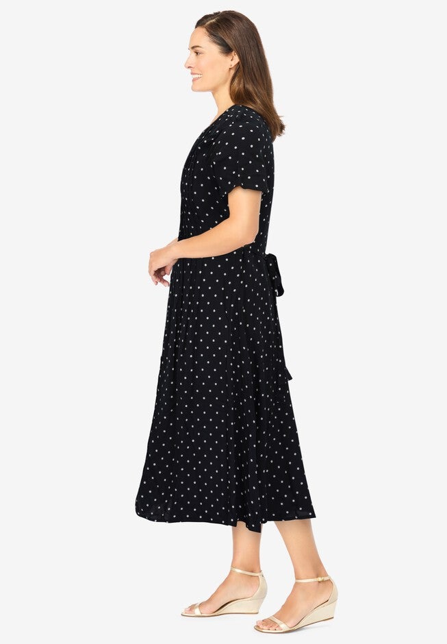 Short-Sleeve Button-Front Dress, BLACK POLKA DOT, alternate image number 2