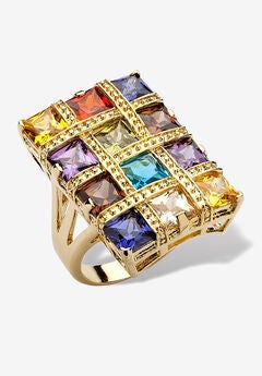 Yellow Gold-Plated Princess Cut Multi-Color Cubic Zirconia Ring