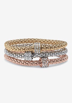 3-Piece Tritone Stretch Bracelet (5.5mm), Round Crystal in Goldtone