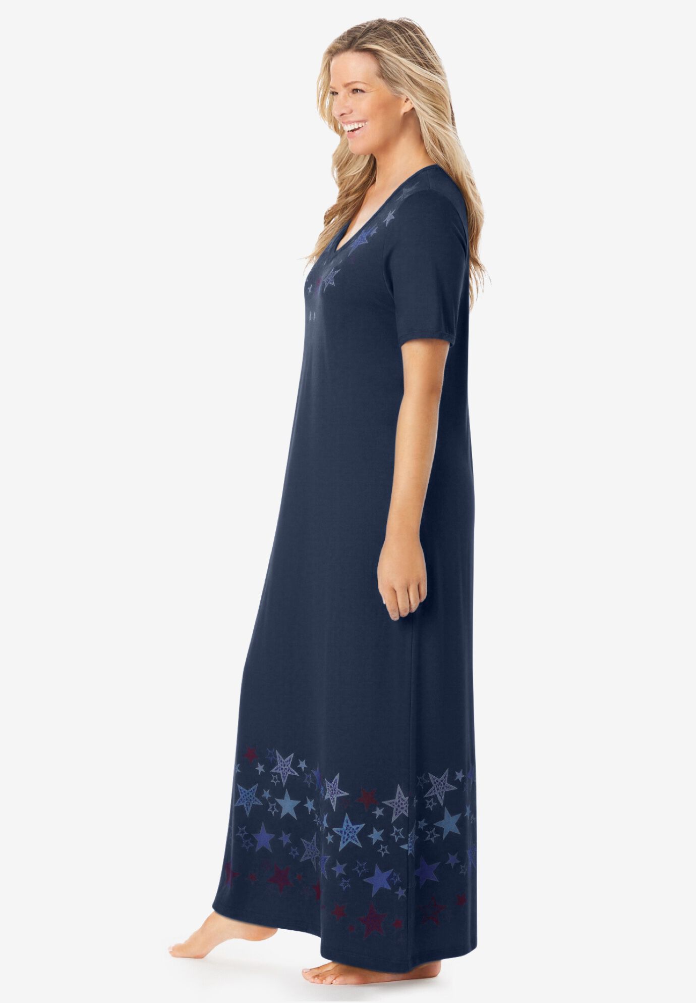 V-NECK SHORT SLEEVE MAXI LOUNGER, NAVY DANCING STARS, alternate image number 2