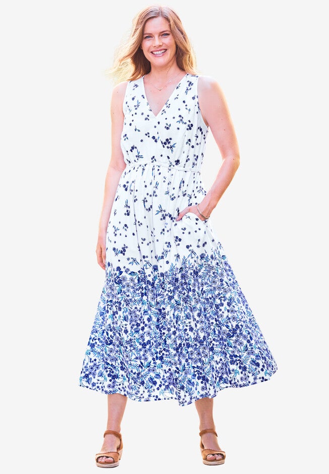 Sleeveless Surplice Maxi Dress, BRIGHT COBALT FLOATING FLORAL BORDER, hi-res image number null