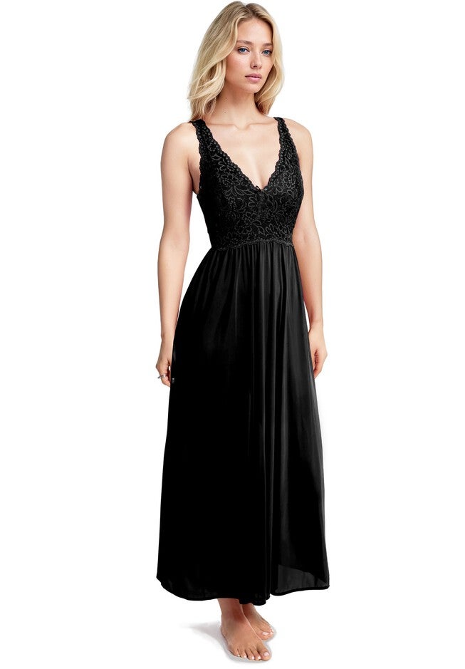 Women'S Classy Nylon Tricot Sleeveless Long With Stretchy Lace Night Gown, MIDNIGHT BLACK, hi-res image number 0