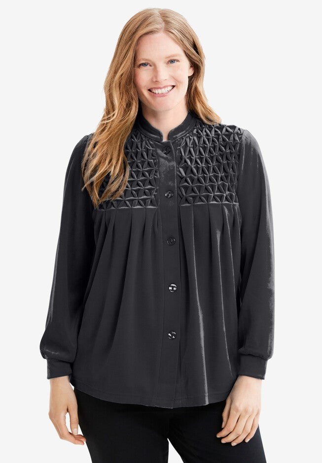 Smocked velour 25" bed jacket by Only Necessities®, BLACK, hi-res image number null