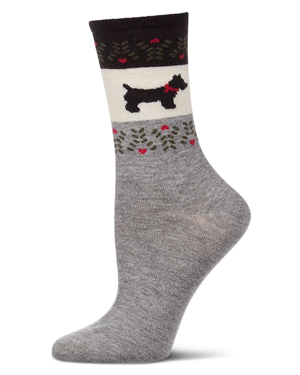 Women's Scottie-Theme Fairisle-Patterned Cashmere-Blend Crew Socks, MED GRAY HEATHER, hi-res image number 0