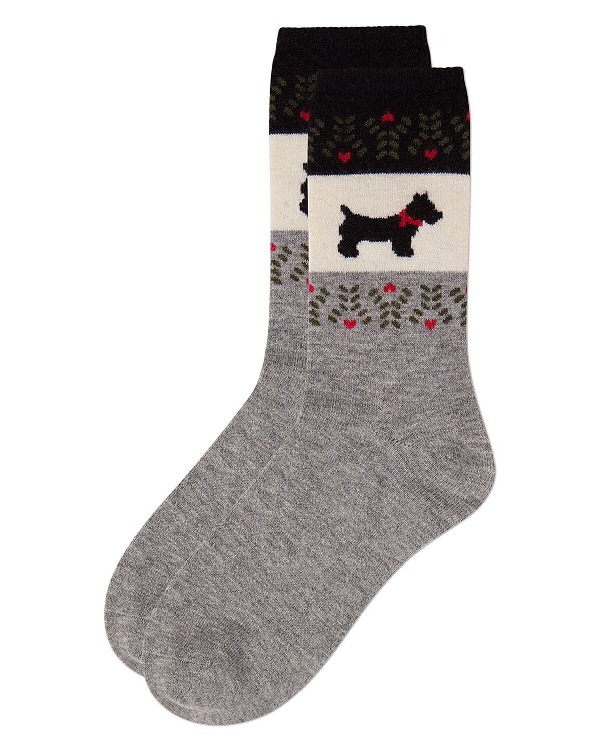 Women's Scottie-Theme Fairisle-Patterned Cashmere-Blend Crew Socks, MED GRAY HEATHER, alternate image number 2