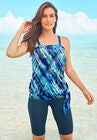 Blouson Tankini Top with Adjustable Straps , BLUE GREEN WATERCOLOR STRIPE, hi-res image number null