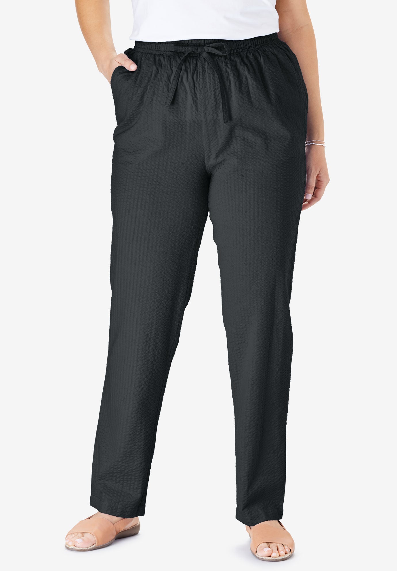 Seersucker Pull-on Elastic-Waist Pants, BLACK, hi-res image number 0