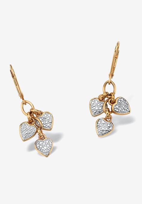Gold over Sterling Silver Heart Charm Drop Earrings with Diamond Accents, DIAMOND, hi-res image number null