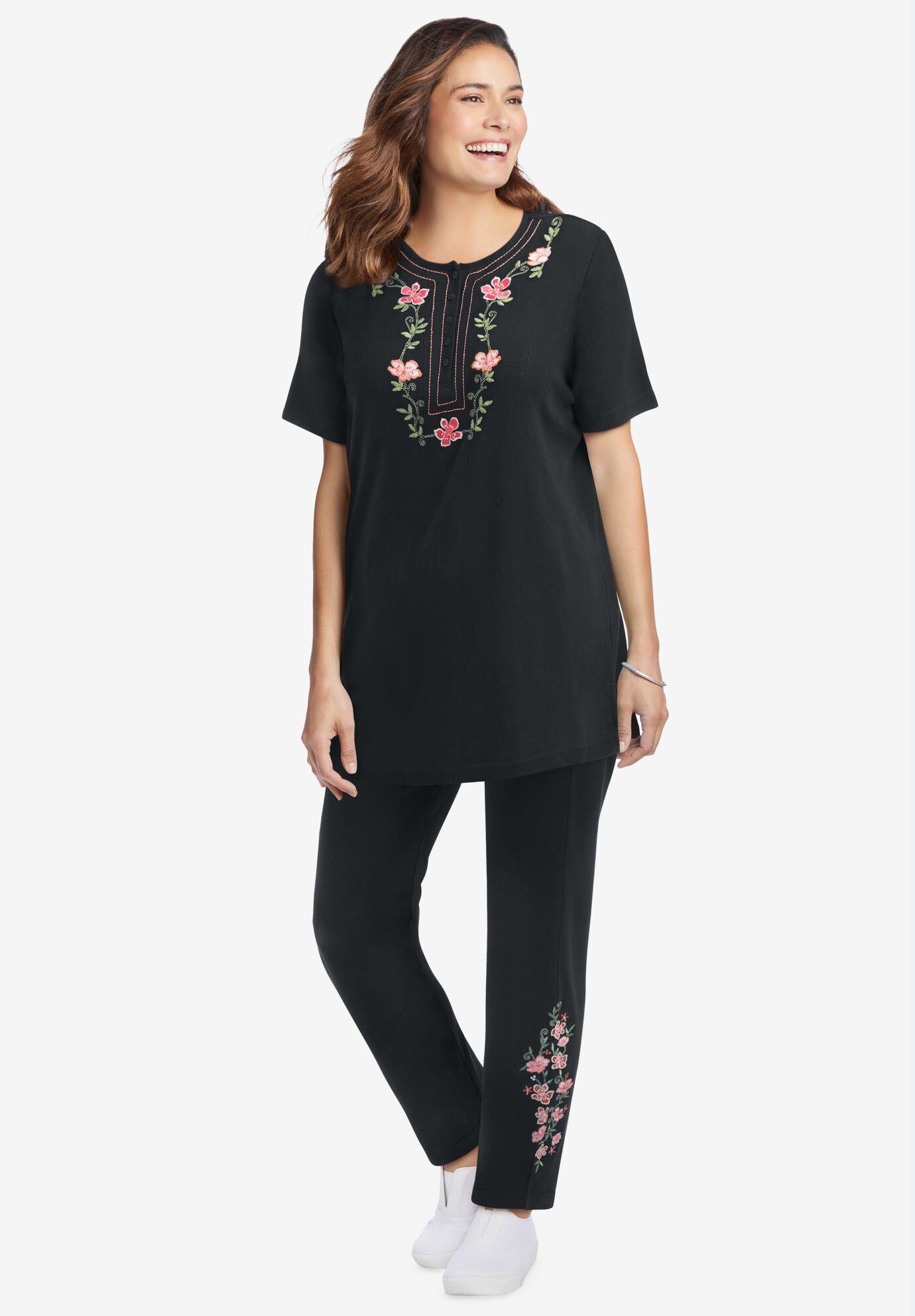 7-Day Knit Embroidered Straight-Leg Pull-On Pants