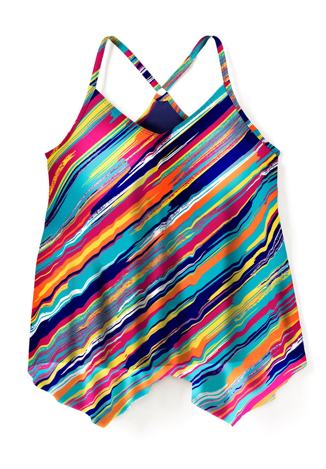 Longer-Length Draped Mesh Racerback Tankini Top, YELLOW PAINTERLY STRIPES, alternate image number 3