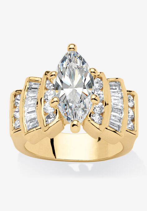 Gold-Plated Marquise Cut Step Top Engagement Ring Cubic Zirconia, GOLD, hi-res image number null