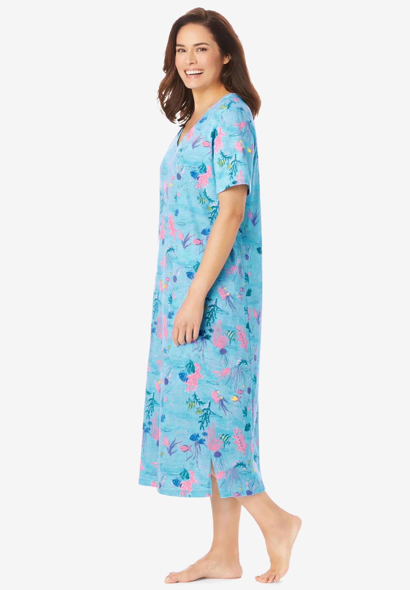 V-Neck Short Sleeve Midi Cotton Sleep Shirt, PALE OCEAN CORAL, alternate image number 2