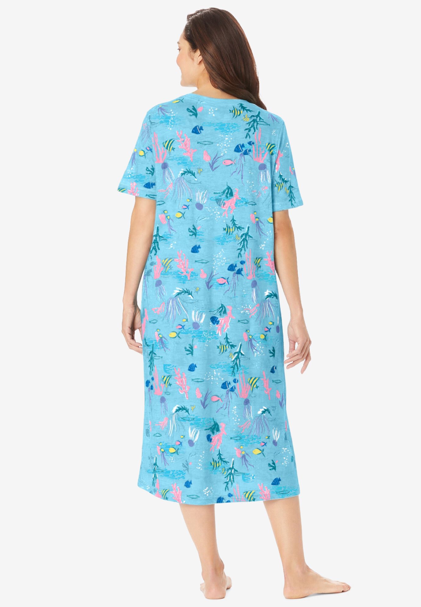 V-Neck Short Sleeve Midi Cotton Sleep Shirt, PALE OCEAN CORAL, on-hover image number 1