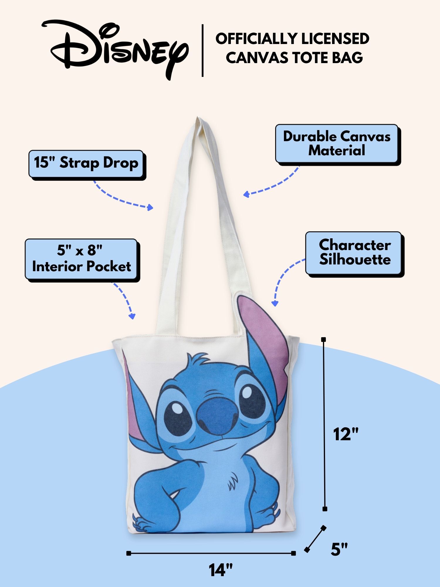 Disney Stitch Die-Cut Canvas Tote Bag with Shaped Top, BEIGE, alternate image number 6