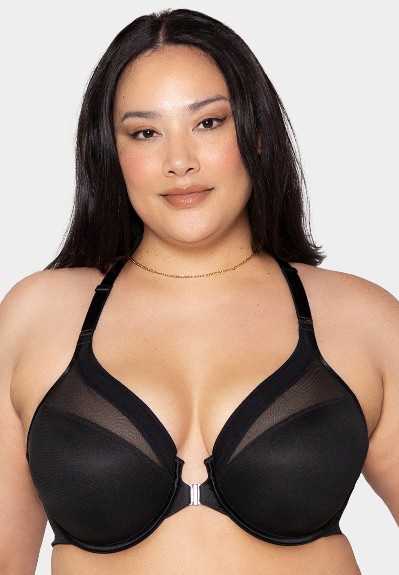 Sheer Mesh Front-Close Racerback T-Shirt Bra, BLACK HUE, hi-res image number 0