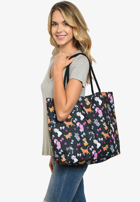 Disney Cats Tote Bag Travel Beach Carry-on Cheshire Aristocat Figaro Print, BLACK, hi-res image number null