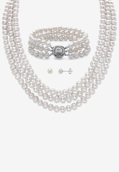 Silver Necklace, Bracelet And Earring Set, Cultured Freshwater Pearl