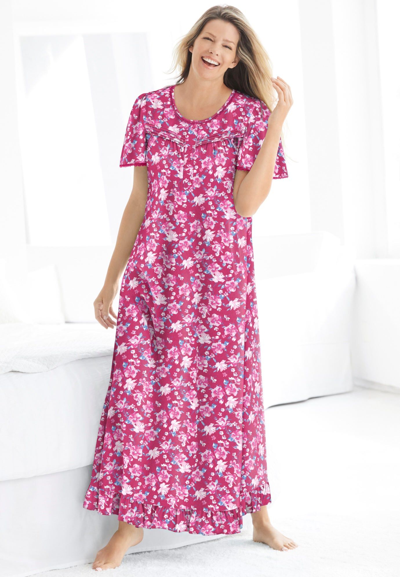 Long Floral Print Cotton Gown, STRAWBERRY ROSES, hi-res image number 0