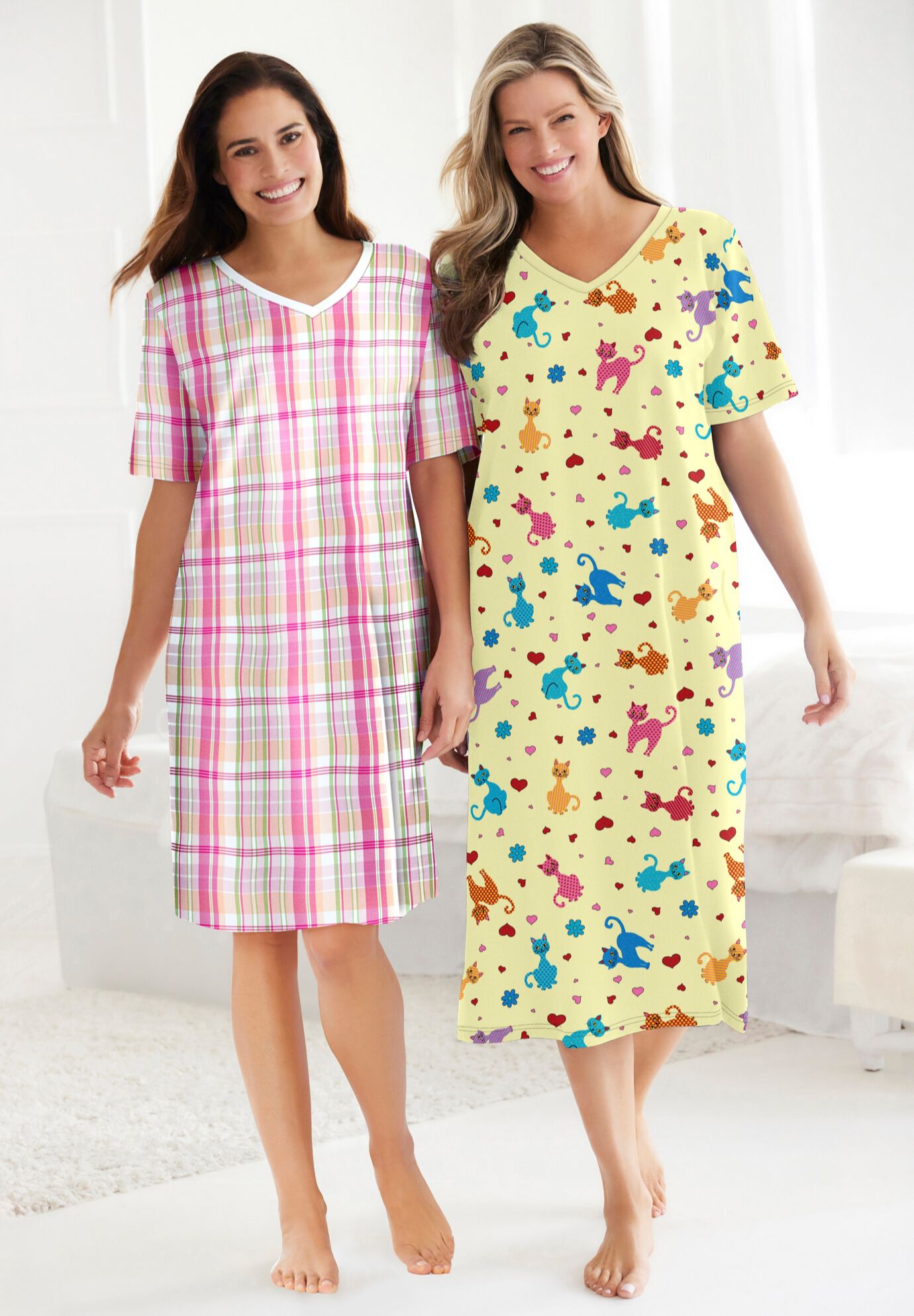 V-Neck Short Sleeve Midi Cotton Sleep Shirt, , alternate image number 3