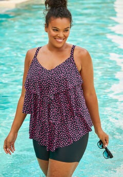Longer-Length Tiered-Ruffle Tankini Top
