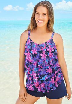 Longer-Length Tiered-Ruffle Tankini Top