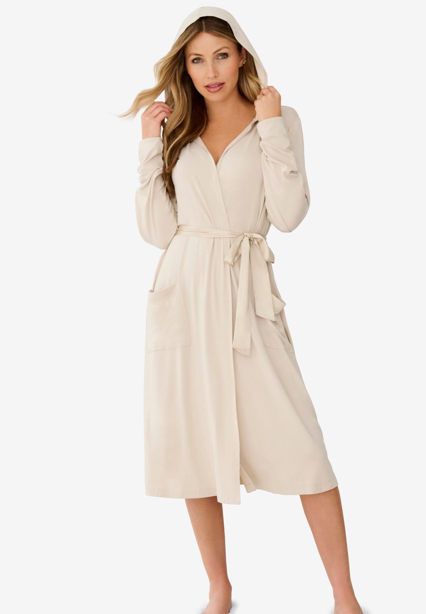 Fashionable Robe With Satin Hood, Stone | Roaman's